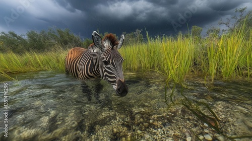 Zebra Standing in Shallow Water with Reflection Surrounded by Green Grass Under Stormy Sky