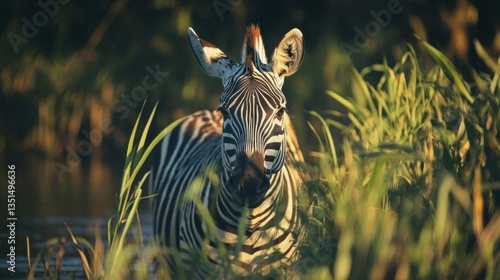 Zebra Standing Among Tall Grass in Natural Habitat with Warm Light and Lush Background