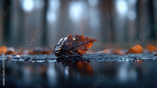 Autumnal leaf on wet pavement