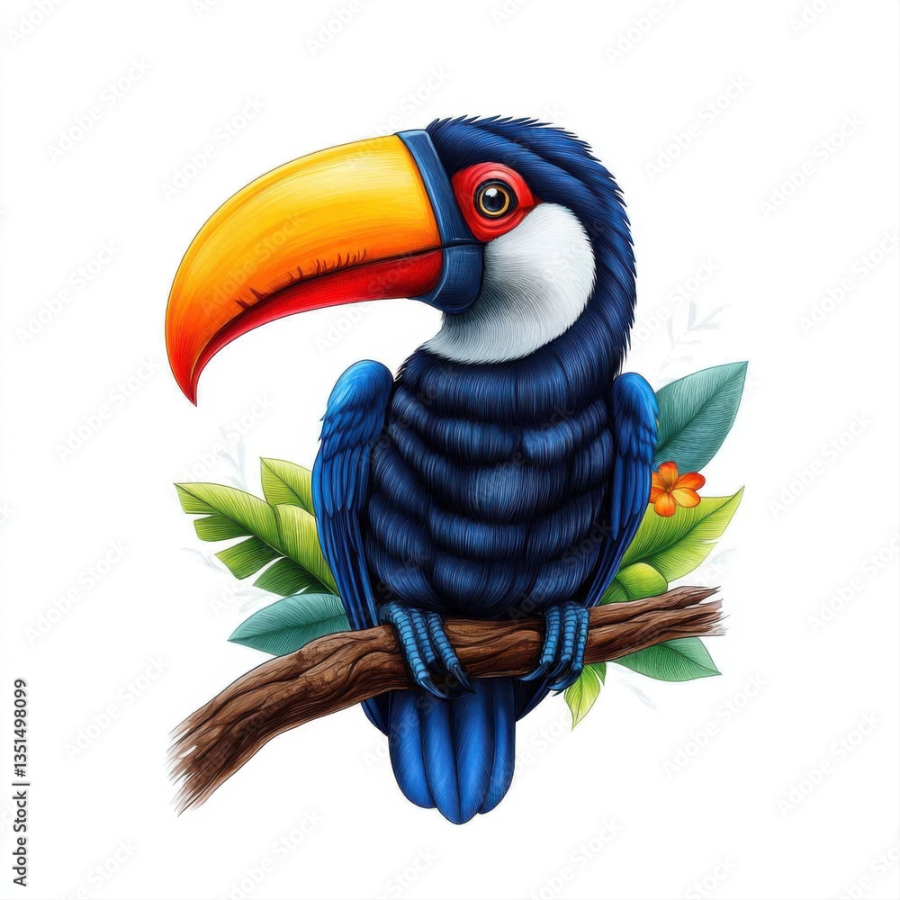 Fototapeta premium Colorful Toucan Sitting on Branch Surrounded by Green Leaves and Bright Flower in Vibrant Art Style