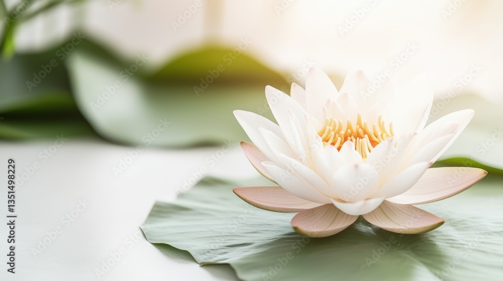 Obraz premium Lotus Flower Buddhist Symbol of Spiritual Purity, A serene white lotus on a leaf, symbolizing beauty and tranquility.