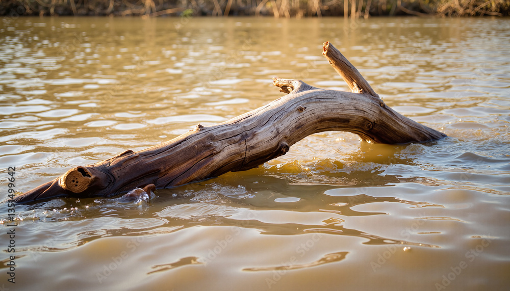 Obraz premium Driftwood log floating on calm water surface