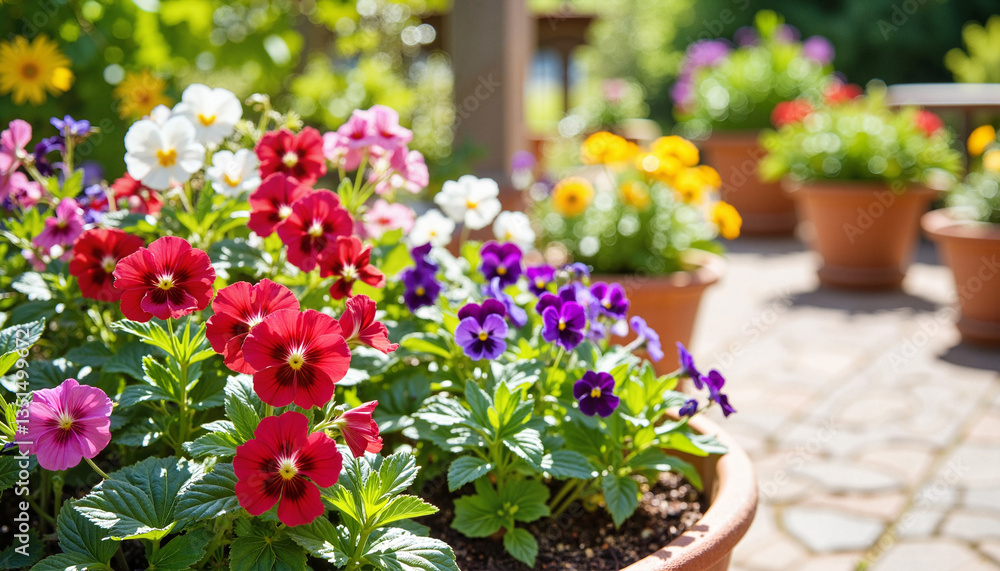 Colorful flowers in pots on sunny patio Colorful flowers in pots on sunny patio