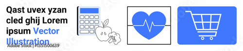 Calculator with an apple, heart monitor icon, and shopping cart outline linked to health, budgeting, and digital shopping. Ideal for wellness, savings, retail, dieting finance lifestyle simple