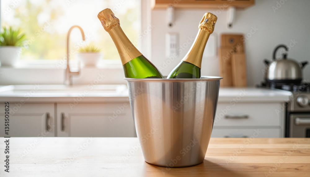 Champagne bottles in metal ice bucket on kitchen countertop Champagne bottles in metal ice bucket on kitchen countertop