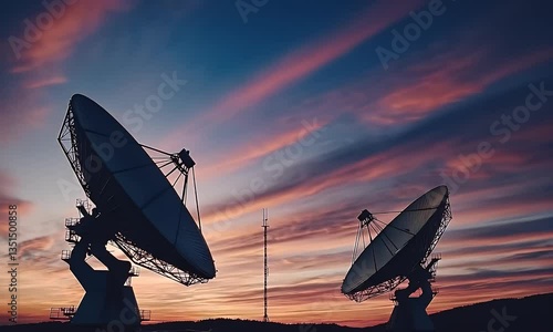Sunset silhouettes of two radio telescopes in a field, used for communication and space exploration