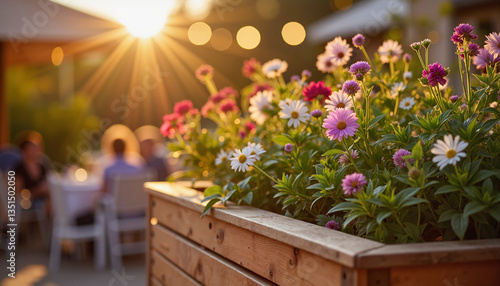 Wallpaper Mural Colorful flowers in wooden planter at sunset Torontodigital.ca