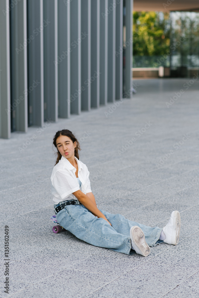 Relaxed Teen Sitting On Skateboard And Smiling