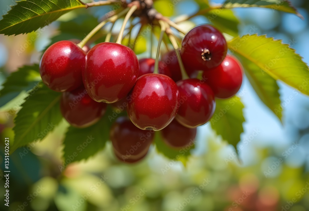 A Stunning Close-Up of Ripe Red Cherries Hanging from a Tree Branch, Glowing in Sunlight with Vibrant Green Leaves in the Background A Stunning Close-Up of Ripe Red Cherries Hanging from a Tree Branch, Glowing in Sunlight with Vibrant Green Leaves in the Background