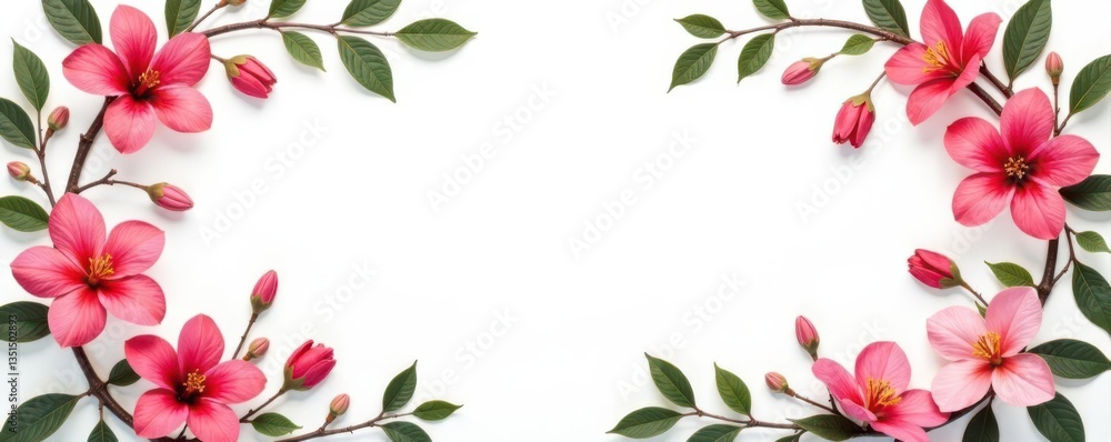 Fototapeta premium Floral frame, delicate branches, vibrant petals, leaves White background , romantic, graphic