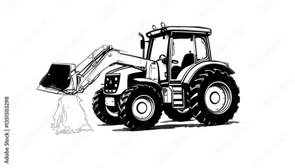 Fototapeta premium An image of a farm tractor with a front loader on a white backdrop is included in this simple, monochromatic logo.