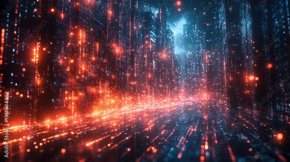 Futuristic city street glowing with digital data streams at night Futuristic city street glowing with digital data streams at night