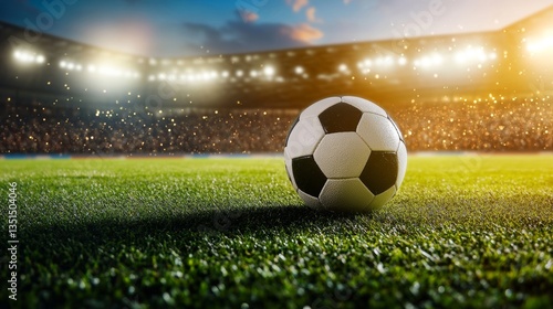 Soccer Ball on Green Field in Stadium with Bright Stadium Lights