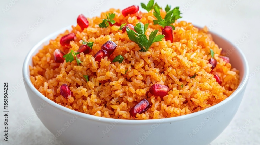 Artistic view of saffron rice adorned with pomegranate seeds and fresh parsley in white bowl Artistic view of saffron rice adorned with pomegranate seeds and fresh parsley in white bowl