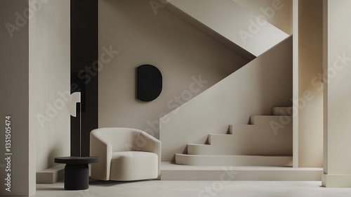 Elegant staircase in beige room featuring minimal interior design chair and table composition aesthetic neutral style