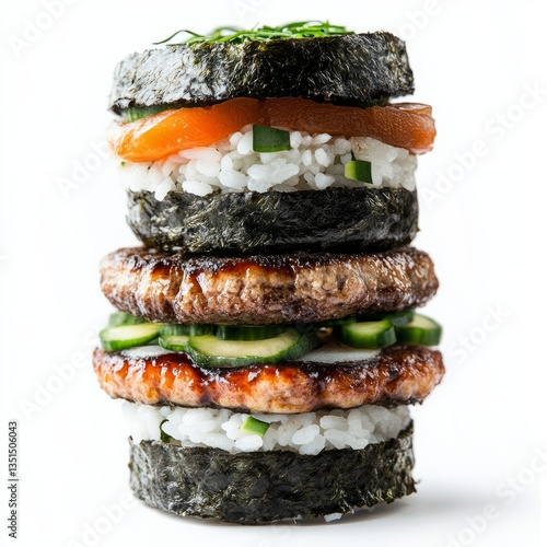Wallpaper Mural A Stacked Sushi Burger (Rice Burger) with Salmon, Tuna, Grilled Meat, and Vegetables, Arranged on a White Background, Showcasing a Fusion of Japanese and American Cuisine. Torontodigital.ca