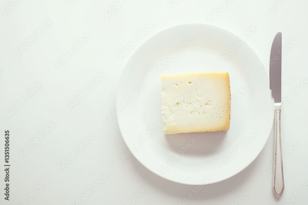 Square cheese piece with silver knife on white plate top view studio shot food minimalist concept Square cheese piece with silver knife on white plate top view studio shot food minimalist concept
