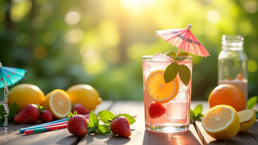 Refreshing Summer Drink with Ice, Fresh Fruits, and Mint on a Wooden Table Refreshing Summer Drink with Ice, Fresh Fruits, and Mint on a Wooden Table