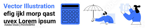 Calculator, person with an umbrella, person holding documents. Ideal for finance, insurance, productivity, workflow, organization, weather simple landing page