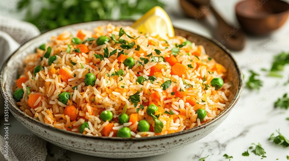 Appetizing rice with carrot pea and parsley in brown bowl studio shot close up view food photography recipe Appetizing rice with carrot pea and parsley in brown bowl studio shot close up view food photography recipe