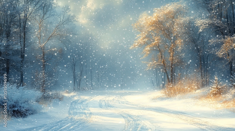 Snowy forest path, winter sunlight, snowfall, tranquil scene, nature background Snowy forest path, winter sunlight, snowfall, tranquil scene, nature background