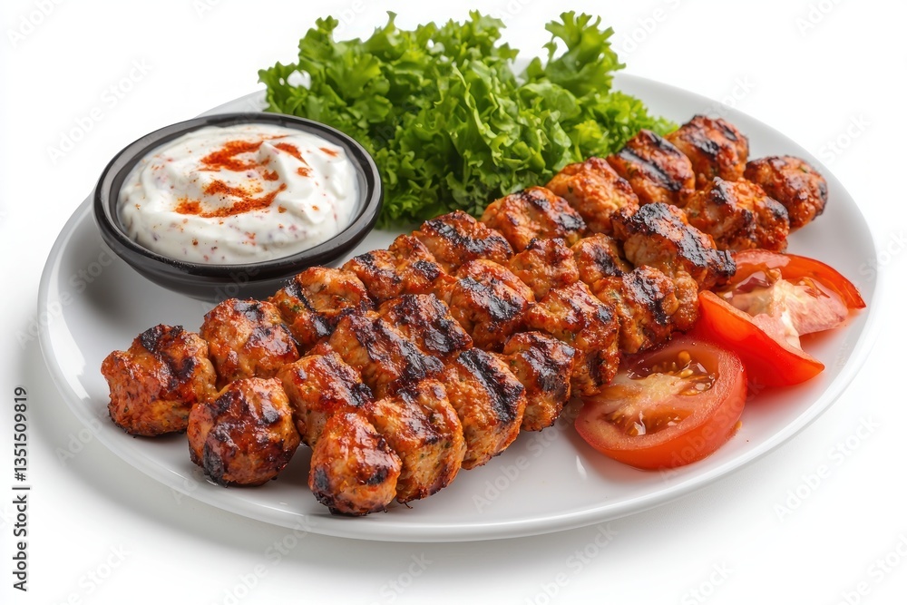 Delicious grilled kebab skewers with creamy yogurt sauce and tomato slices on a white plate Delicious grilled kebab skewers with creamy yogurt sauce and tomato slices on a white plate