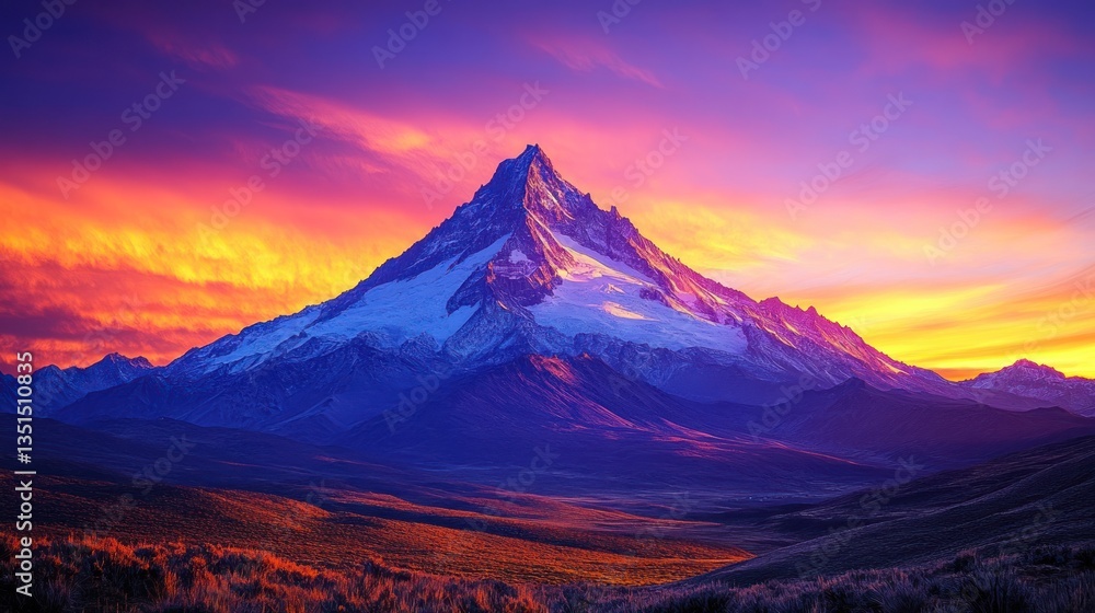 Majestic mountain peak at vibrant sunset, colorful sky over valley Majestic mountain peak at vibrant sunset, colorful sky over valley