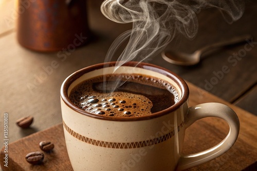 Coffee in a glass. Hot coffee. Coffee cup with steam on wooden table in coffee shop.
