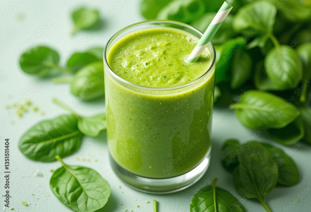 Healthy green spinach smoothie in glass with straw. Healthy green spinach smoothie in glass with straw.