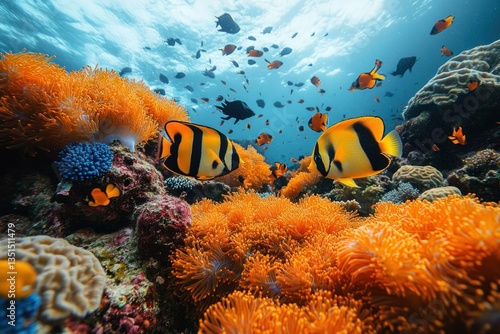 Vibrant coral reef teeming with fish underwater photo