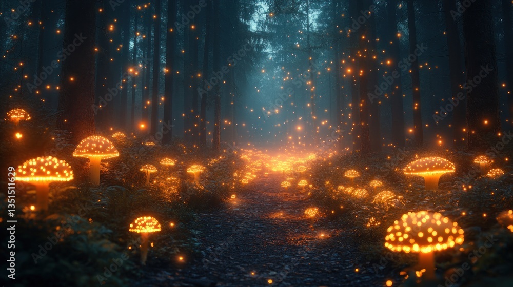 Glowing mushrooms light a forest path at twilight with fireflies Glowing mushrooms light a forest path at twilight with fireflies