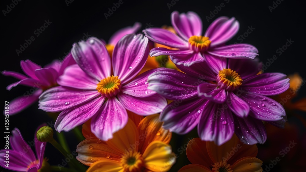 Colorful flower on black isolated background, purple and yellow flowers Colorful flower on black isolated background, purple and yellow flowers