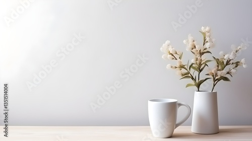 Wallpaper Mural Minimalist Home Decor White Mug Vase and Flowers on Wooden Table Torontodigital.ca