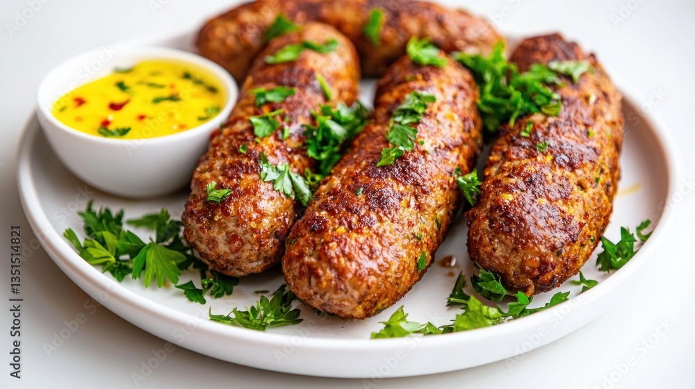 Delicious homemade sausage on a plate with dip sauce and fresh parsley in a bright kitchen setting Delicious homemade sausage on a plate with dip sauce and fresh parsley in a bright kitchen setting