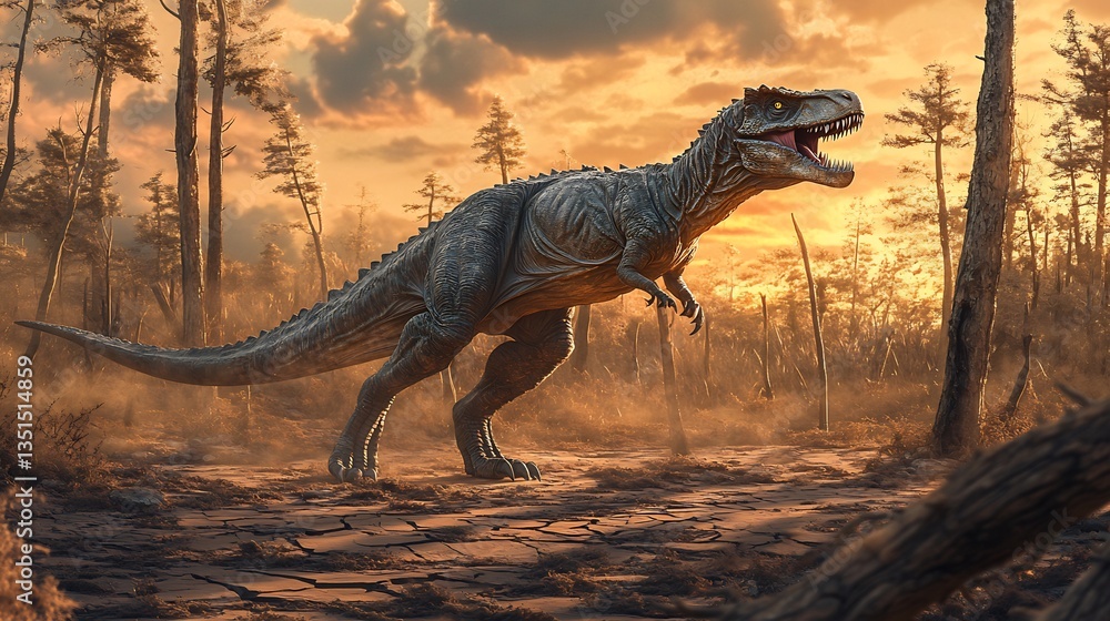 Fototapeta premium Young but fierce Suskityrannus stalking through a dry open forest its sharp teeth visible in the soft glow of sunset The sparse trees cast long shadows across the cracked earth