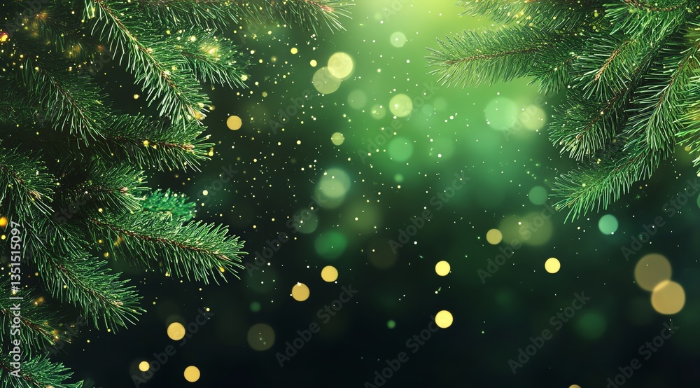 Festive Christmas Tree Background with Soft Bokeh Lights and Green Pine Needles Festive Christmas Tree Background with Soft Bokeh Lights and Green Pine Needles