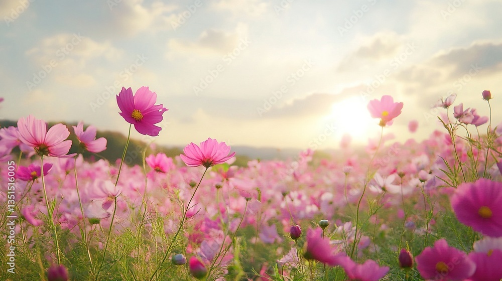 A breathtaking view of a beautiful cosmos flower field, with vibrant blooms stretching as far as the eye can see. A breathtaking view of a beautiful cosmos flower field, with vibrant blooms stretching as far as the eye can see.