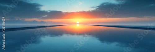 straight asphalt road at sunset with glowing horizon and mountain silhouettes  dramatic sky reflecting warm light on surface  scenic travel landscape with symmetry and vibrant contrast
