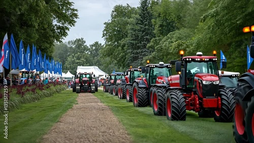 An agricultural event unfolds with tractors showcased on a grassy path, flanked by flags and spectators engaging with farming technology