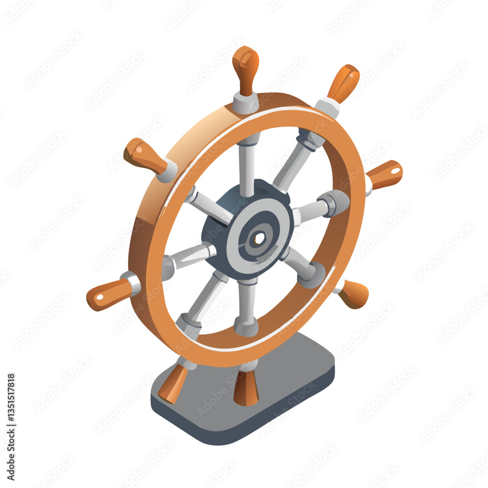 Obraz premium Isometric wooden ship steering wheel icon