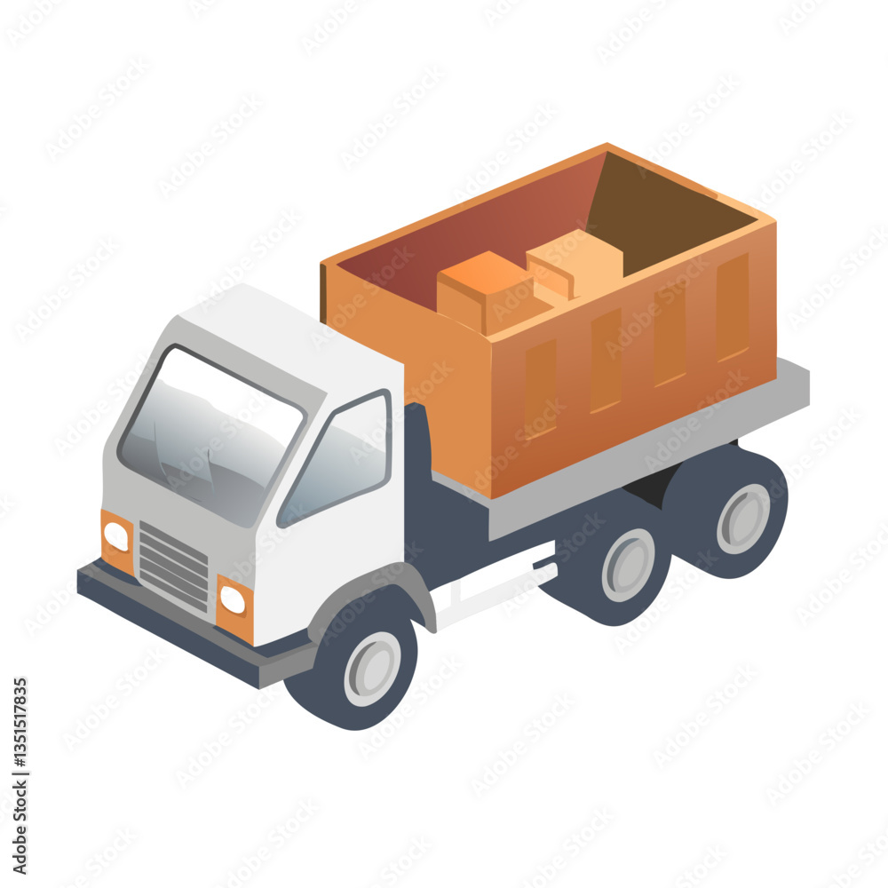Isometric cargo dump truck with boxes Isometric cargo dump truck with boxes