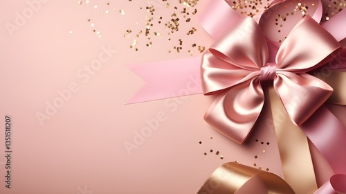 Elegant Pink Satin Ribbon Bow with Gold Confetti on Blush Background