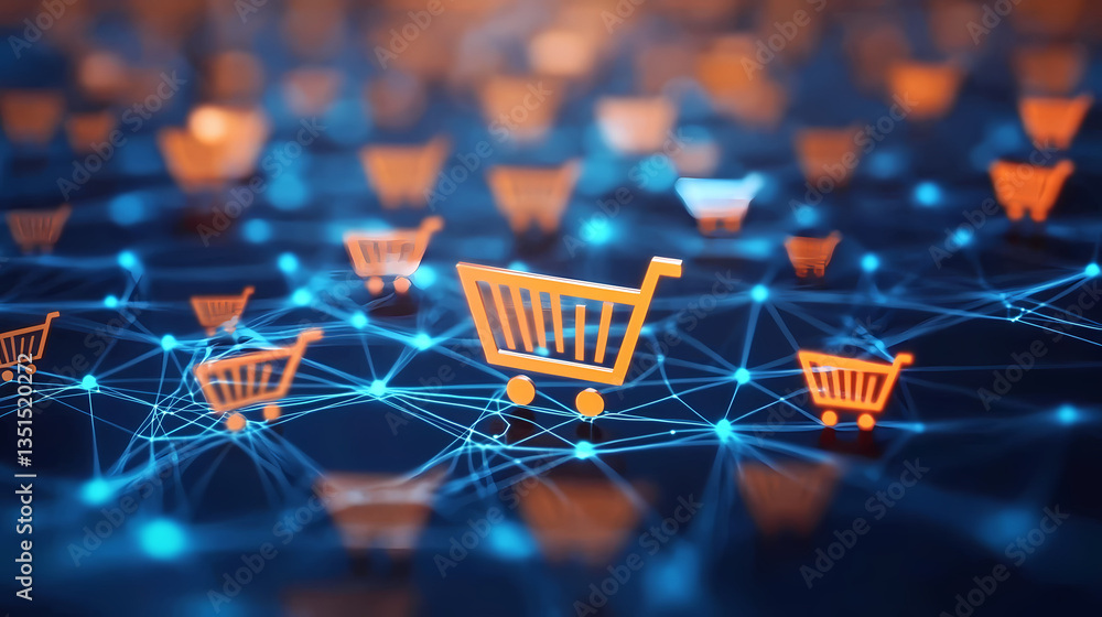 Shopping Cart Icons on Digital Network Background