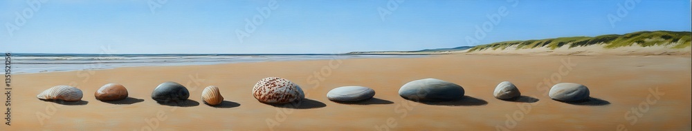 Stones lined up on sandy beach Stones lined up on sandy beach