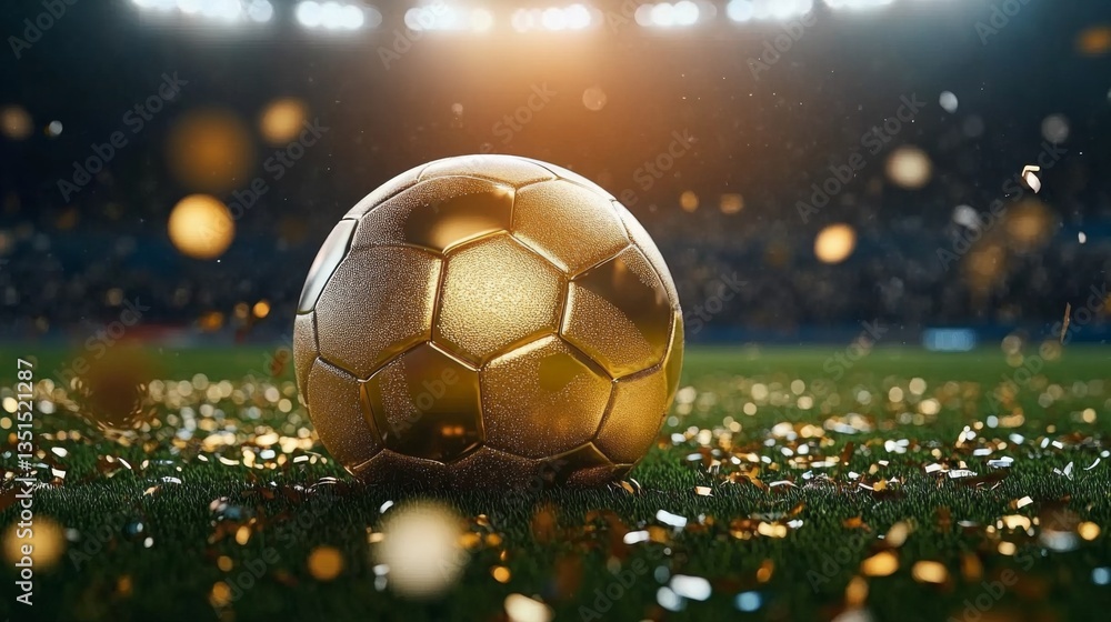Fototapeta premium Golden Soccer Ball Stadium Night Scene, Confetti, Victory, Soccer, Championship Soccer, Football