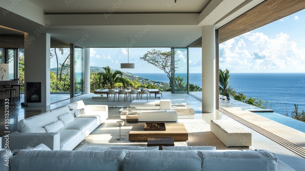Fototapeta premium Luxurious modern villa interior with serene ocean view creating a bright and airy vacation atmosphere through large windows and soft colors