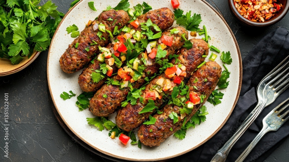 Delicious savory minced meat kebabs with fresh parsley and tomato salsa on plate dark table Delicious savory minced meat kebabs with fresh parsley and tomato salsa on plate dark table