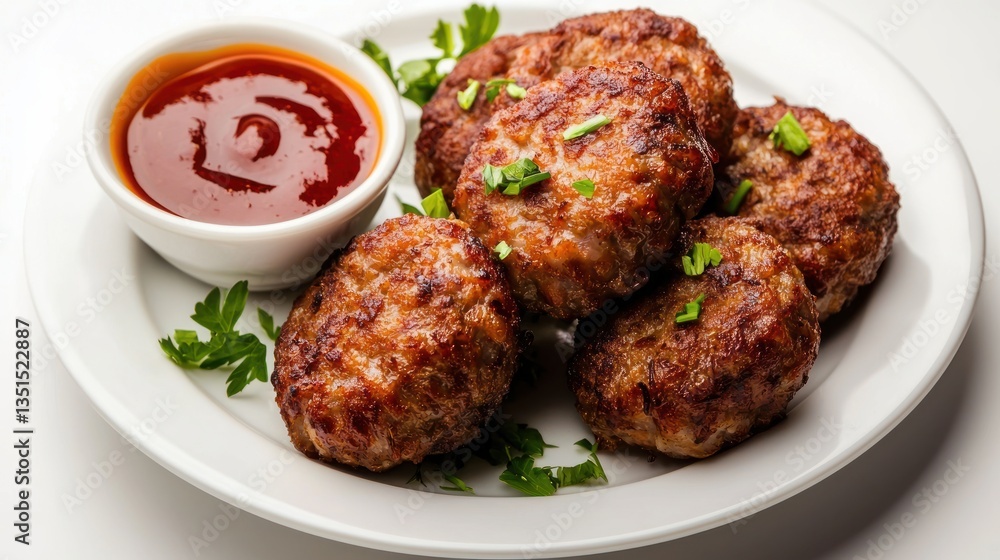 Appealing savory fried patties on white plate with vibrant ketchup and fresh parsley garnish for food concept