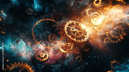 A surreal concept of time travel with clock gears floating in cosmic space