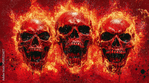 Infernal Skulls: Fiery Triptych of Death and Rebirth